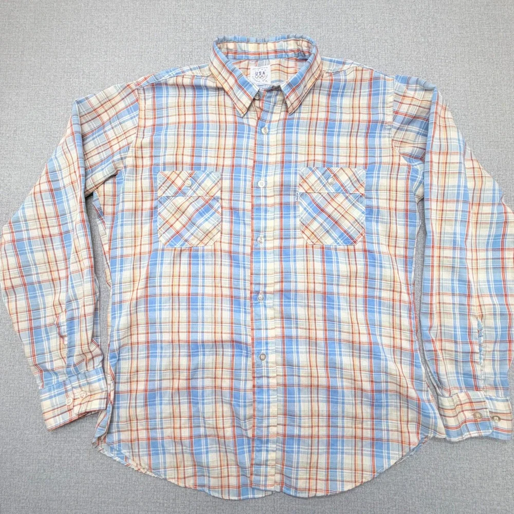 Vintage Levis 1980 USA Olympic Games Plaid Button Down Shirt Mens XL Blue Orange